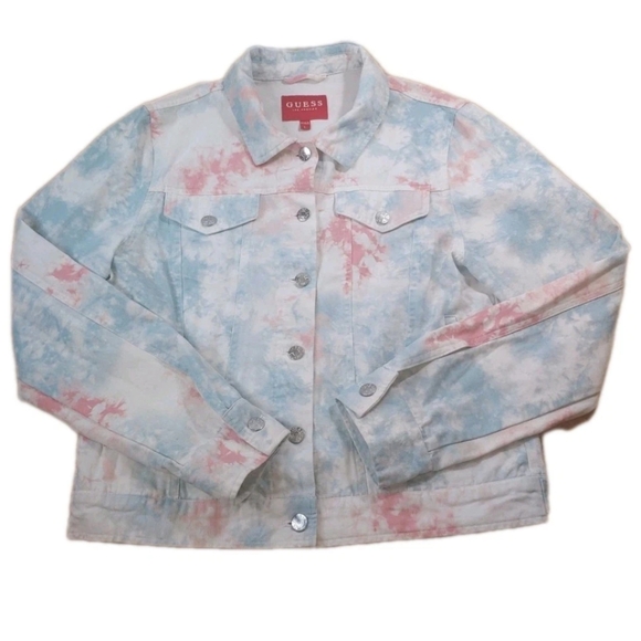 Guess Trucker Crop Jean Jacket Woman Large Blue Pink Pastel Marbled Button Nwot - Picture 1 of 11